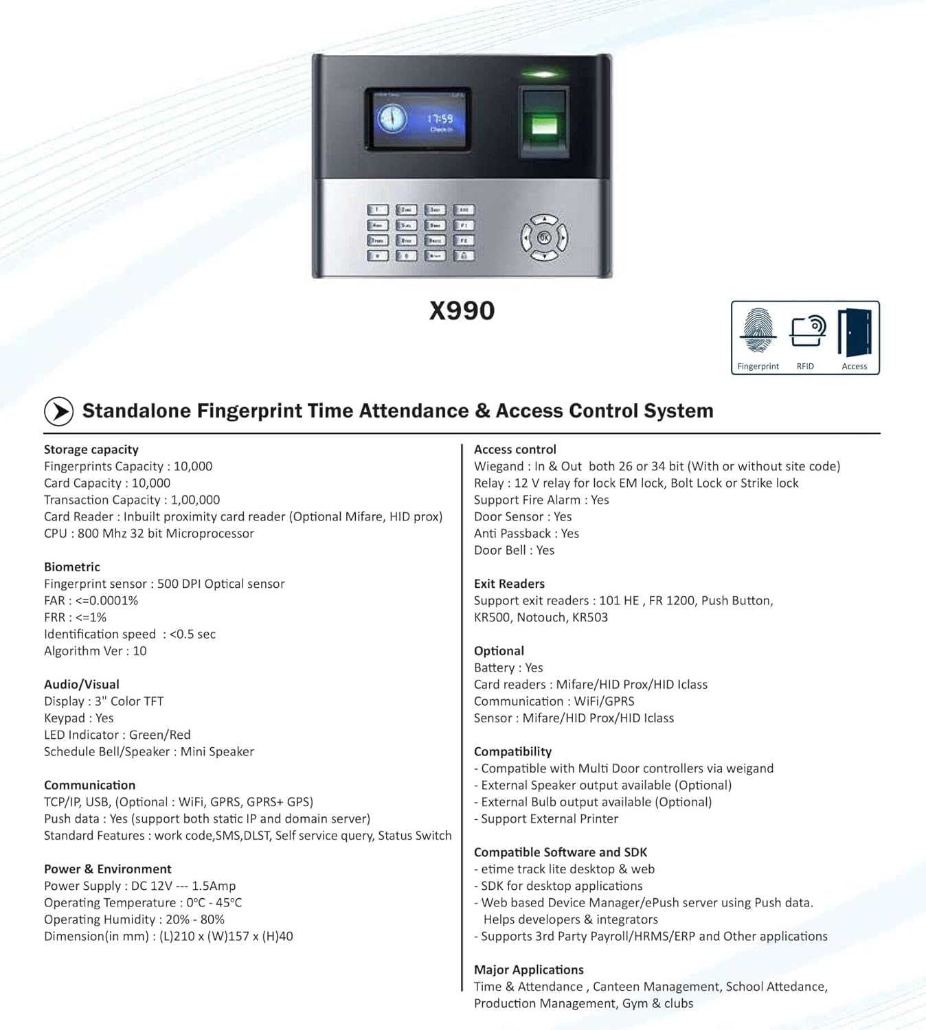 ESSL 10000 Fingerprint Capacity Fingerprint T&A System with Access Control System X990-C+ID